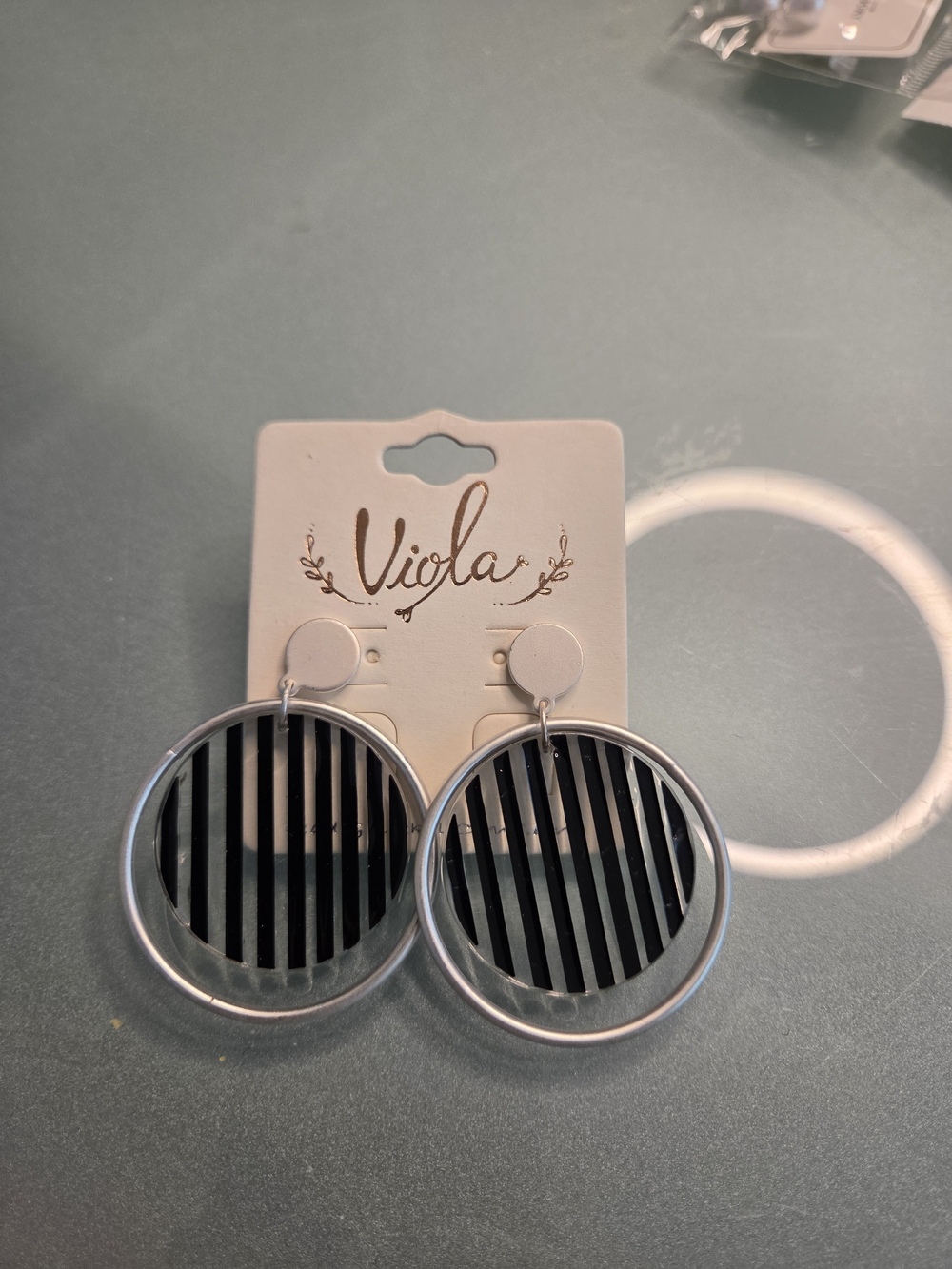 Viola Black & Silver Striped Round Dangle Earrings